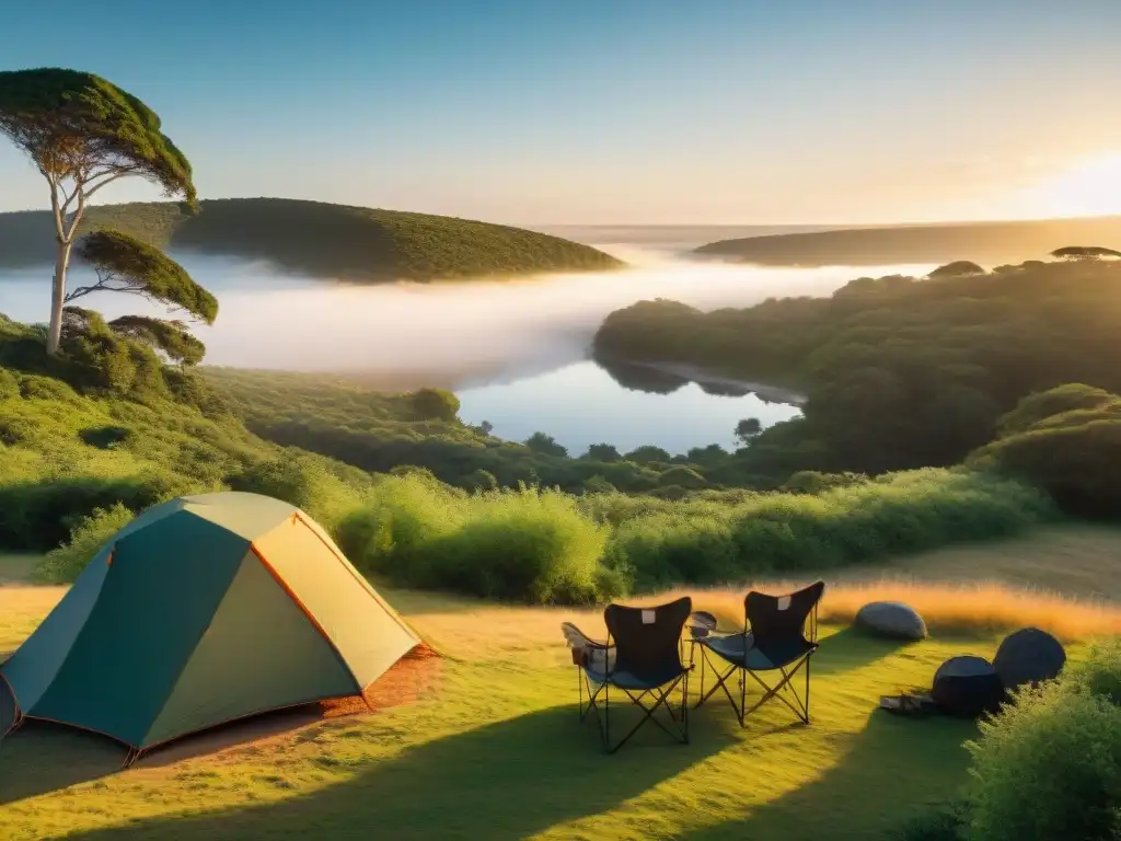 Familia montando tienda de campaña en camping de Uruguay al atardecer, reflejando la belleza de la naturaleza