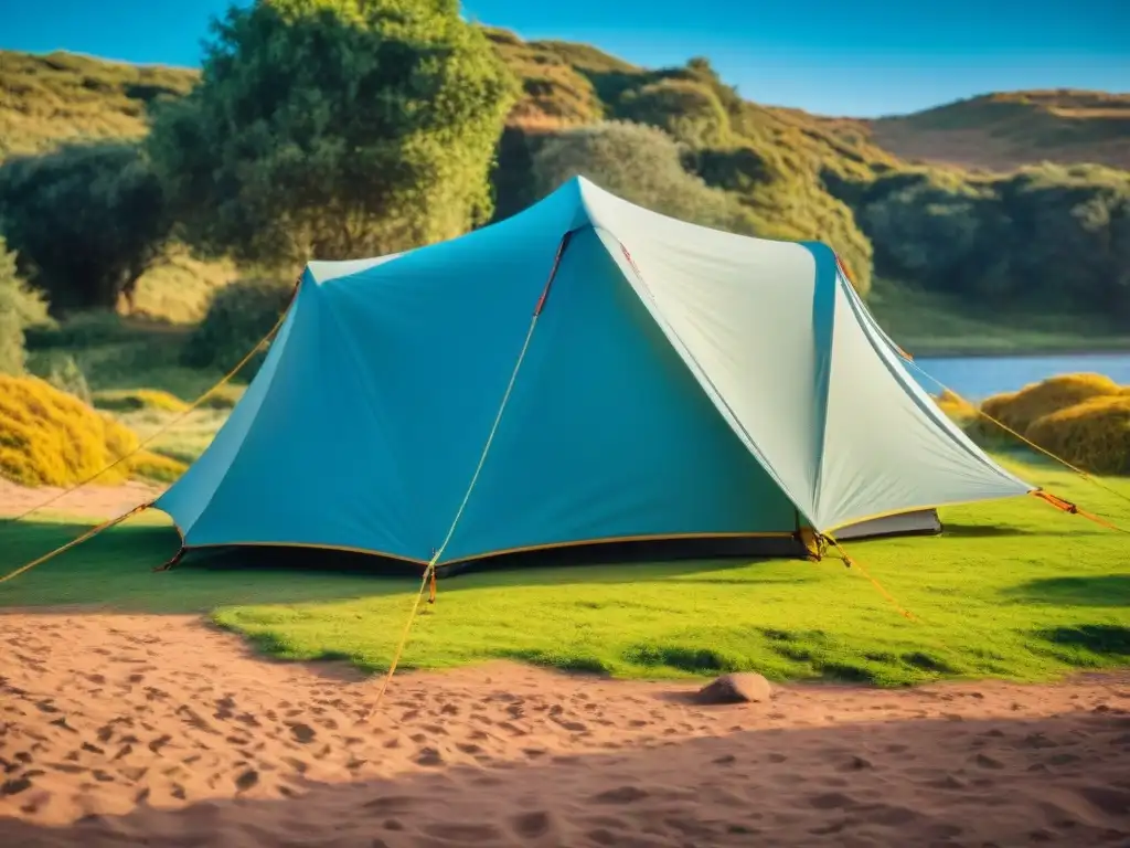 Una familia montando una tienda de campaña juntos en un hermoso camping en Uruguay, destacando un camping seguro con niños en Uruguay