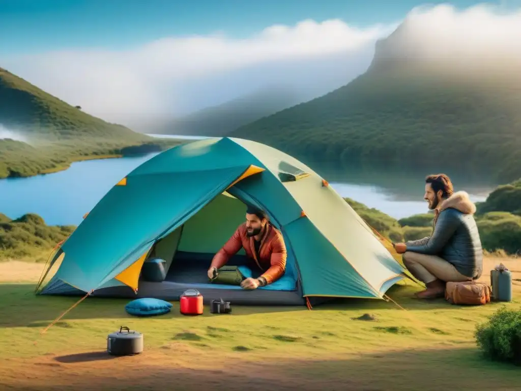 Una familia montando una tienda de campaña juntos en un camping en Uruguay