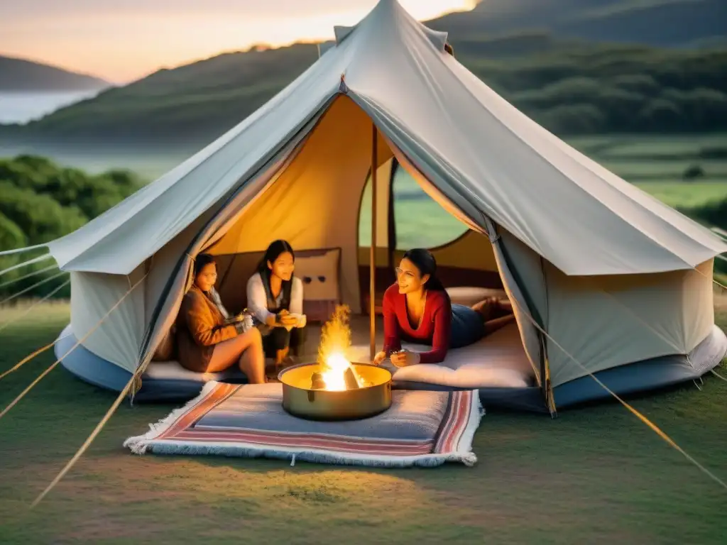 Familia montando tienda de glamping en Uruguay con niños al atardecer