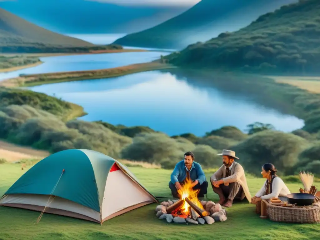 Una familia tradicional uruguaya montando un campamento en el campo, con técnicas de camping tradicionales Uruguay