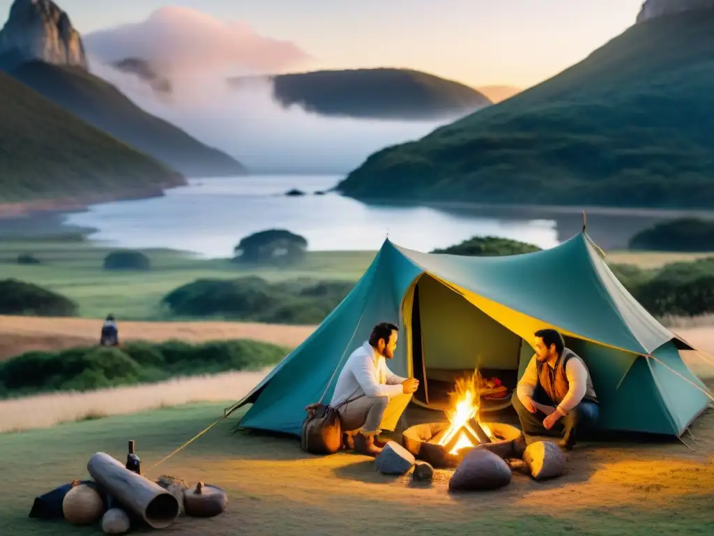 Una familia uruguaya tradicional montando un campamento en la naturaleza, reflejando las tradiciones locales de camping en Uruguay