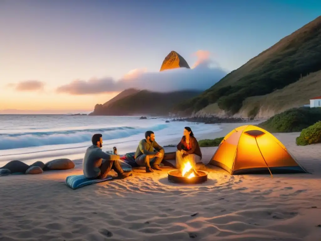 Una familia uruguaya tradicional montando un campamento en una playa al atardecer