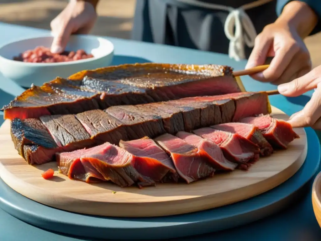 Familia uruguaya tradicional deshidratando carne al sol, resaltando las tradiciones de deshidratación de alimentos en Uruguay