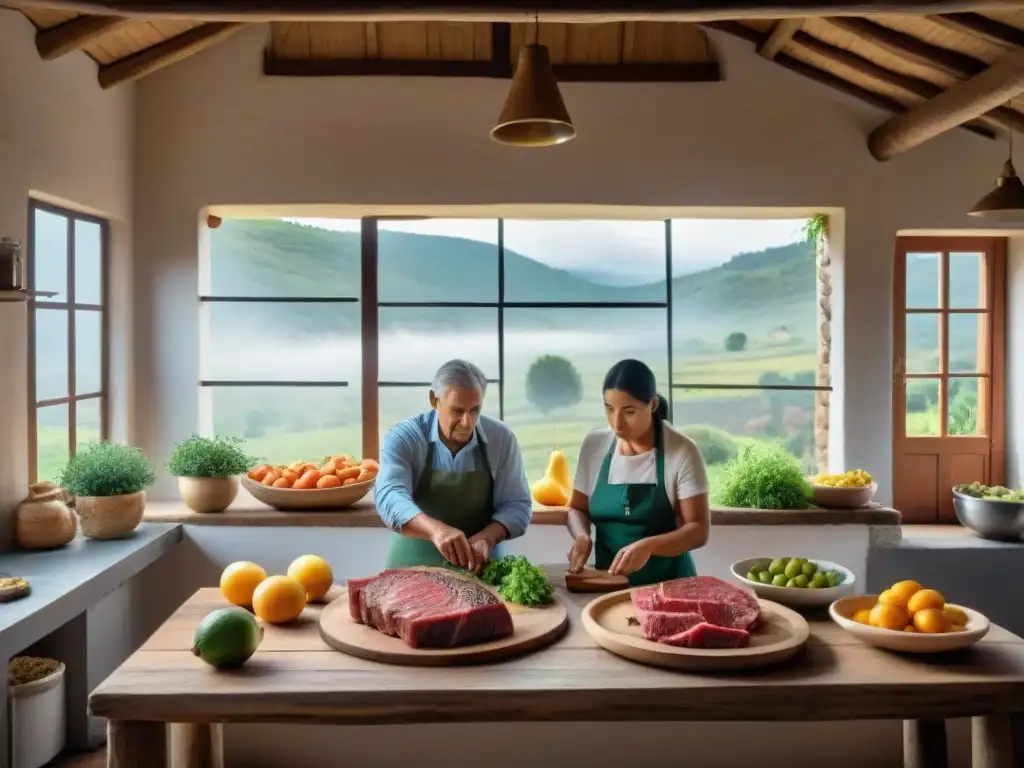 Una familia uruguaya tradicional experta en deshidratar alimentos con dedicación en una cocina rústica