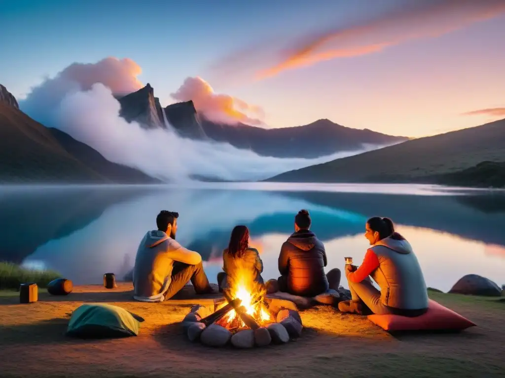 Una familia uruguaya tradicional disfruta alrededor de una fogata al atardecer, compartiendo historias y asando malvaviscos