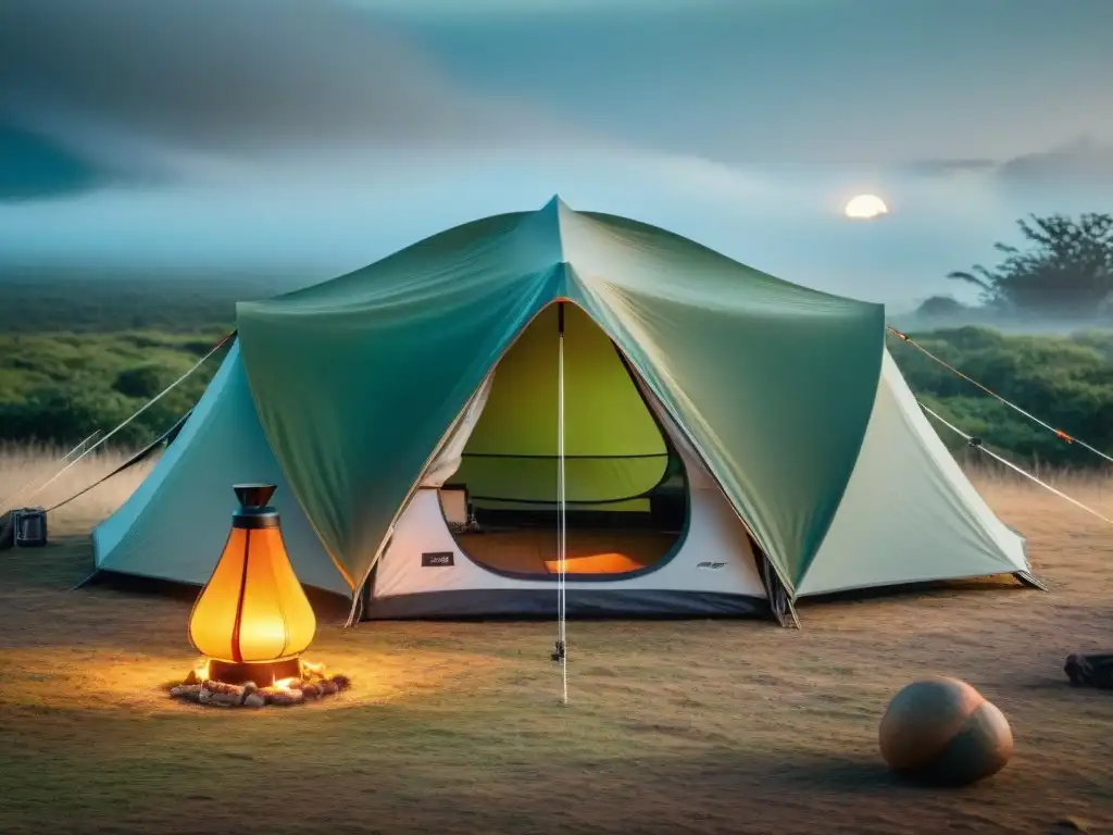 Una familia uruguaya tradicional montando una tienda de campaña tecnológica en un hermoso camping verde