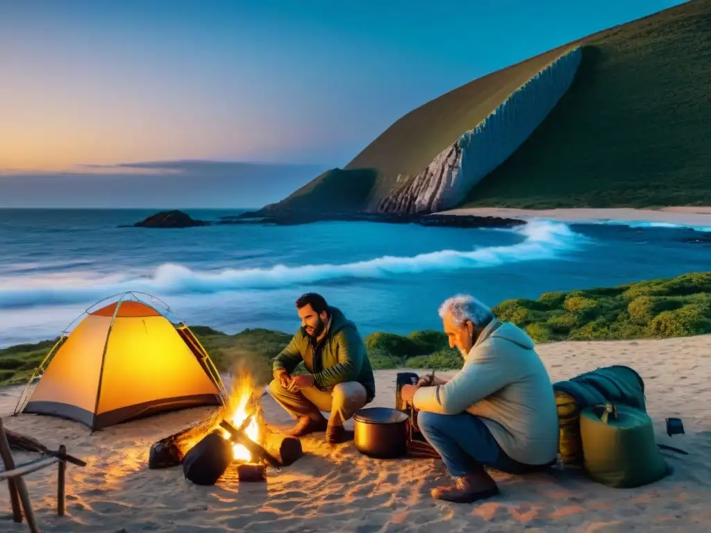 Familia uruguaya montando campamento en la costa al atardecer