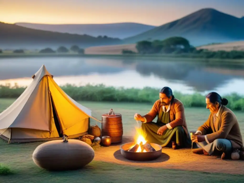 Familia uruguaya montando campamento junto al río al atardecer