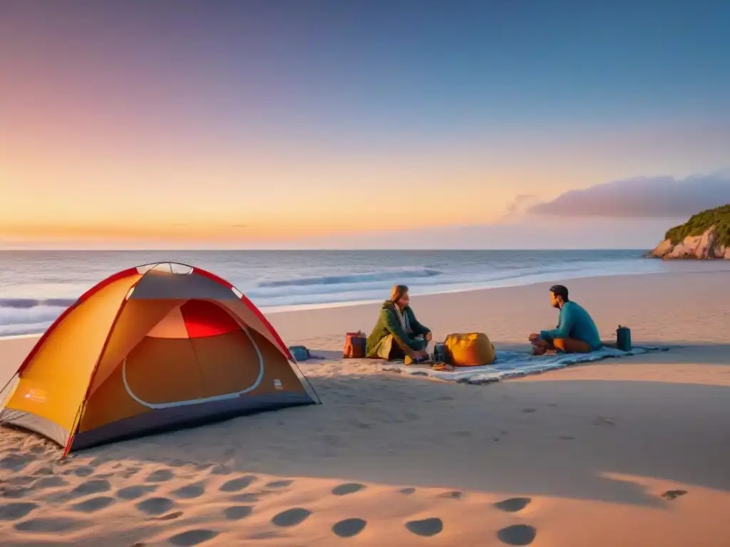 Familia y viajero disfrutan campamento en la playa al atardecer en Uruguay