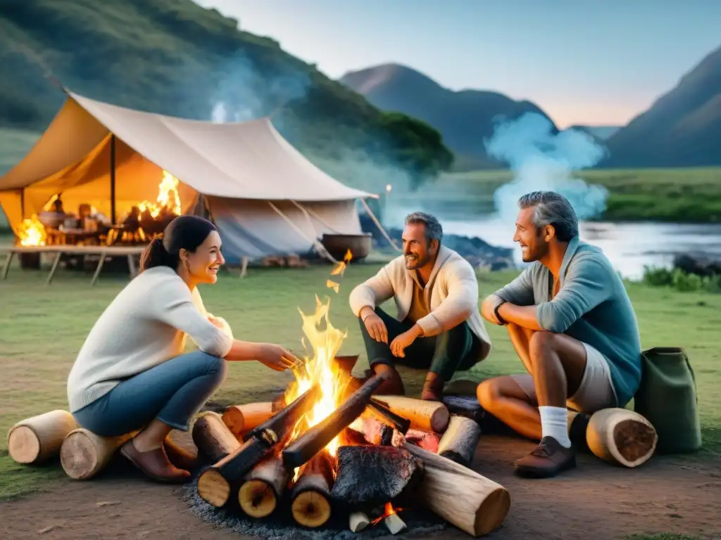 Familias disfrutan la tradición asado uruguayo alrededor de fogata en camping