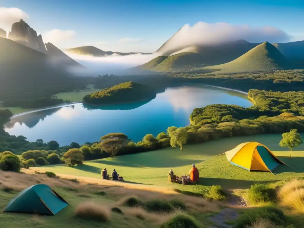 Familias disfrutan de un camping familiar en Uruguay al amanecer, con un lago tranquilo y tiendas de colores