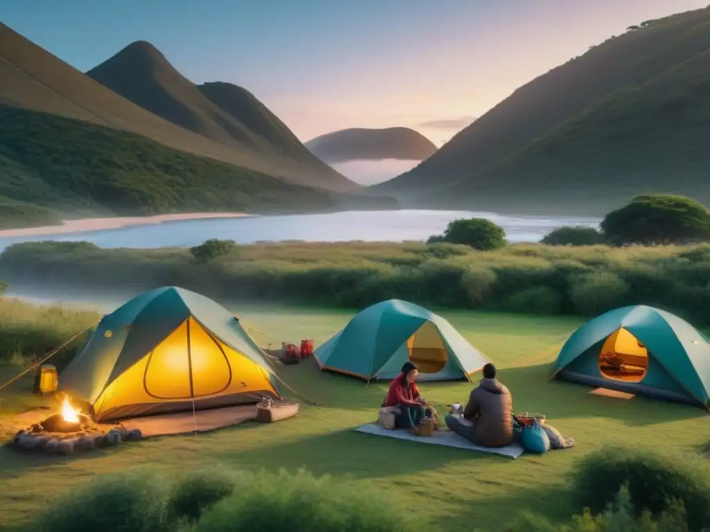 Familias campistas disfrutan del camping responsable en Uruguay, con actividades ecoamigables en un entorno natural sereno al atardecer