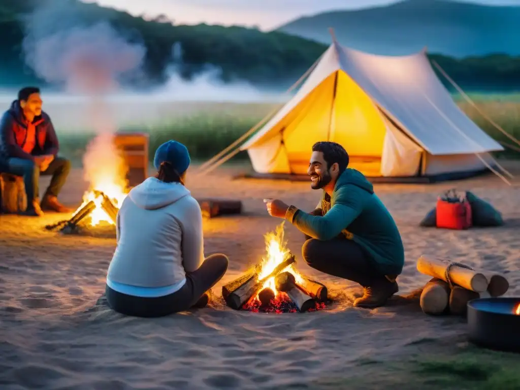 Familias diversas disfrutan de actividades inclusivas en camping Uruguay alrededor de fogata al atardecer