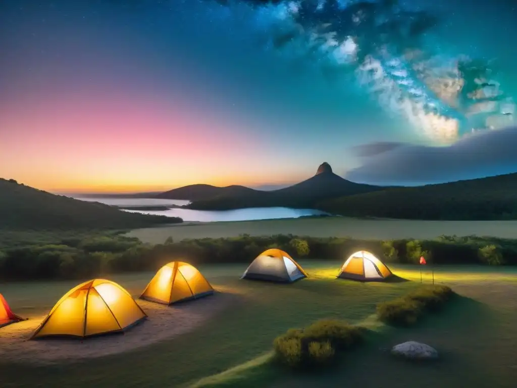 Familias, parejas y viajeros solitarios arman coloridas carpas bajo un cielo estrellado en una zona de camping segura en Uruguay