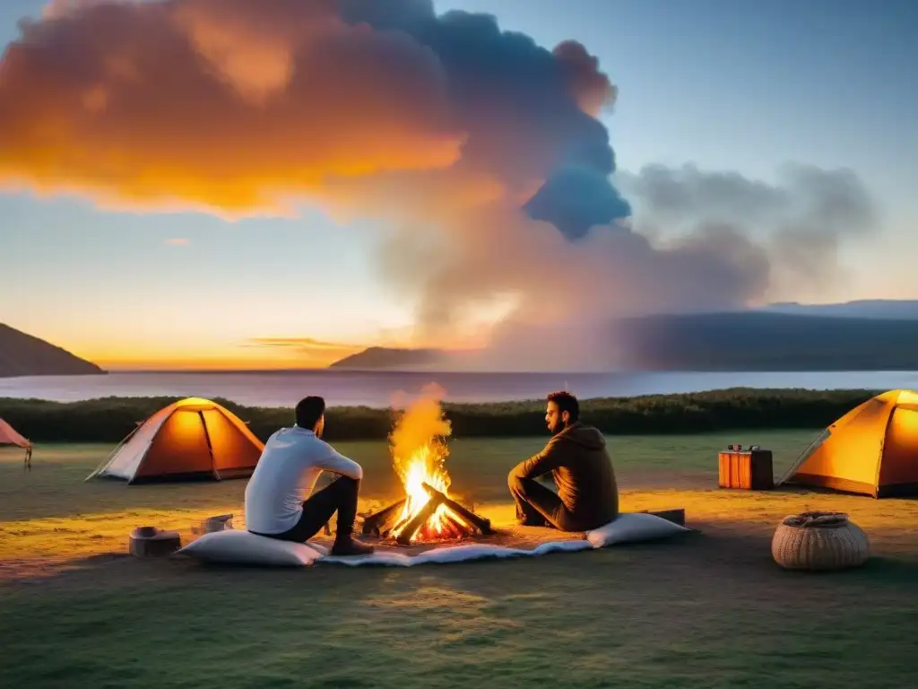 Familias celebran el solsticio alrededor de fogata en camping uruguayo al atardecer