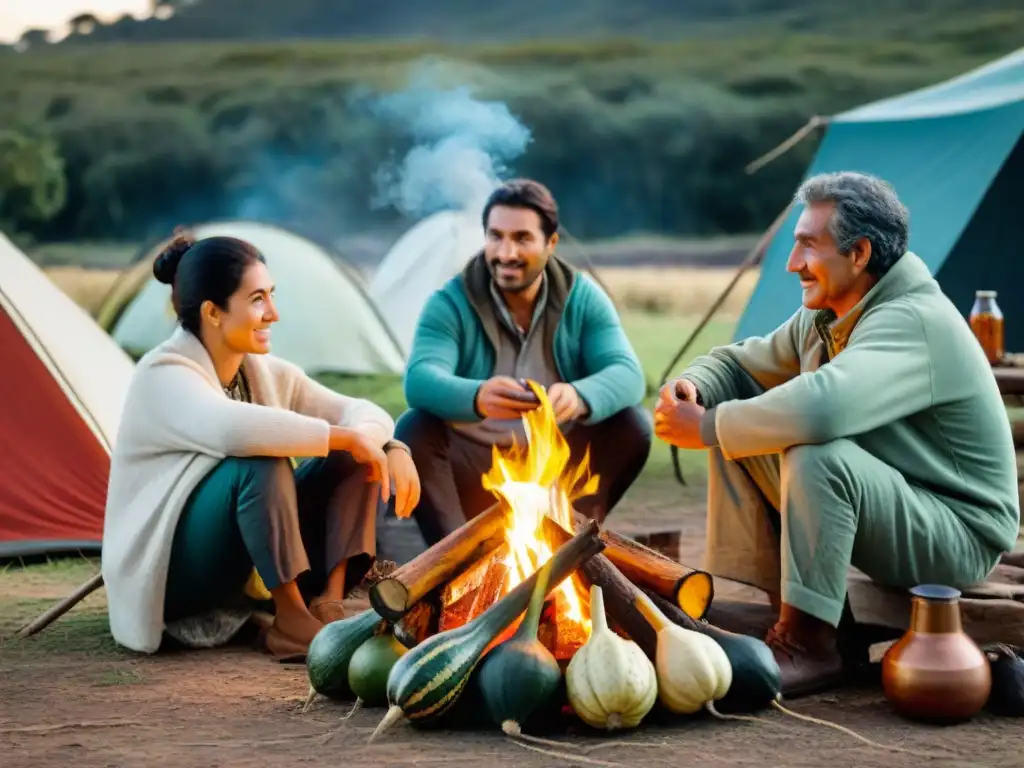 Familias uruguayas comparten mate alrededor de fogata en camping, resaltando tradición camping Uruguay festividades culturales