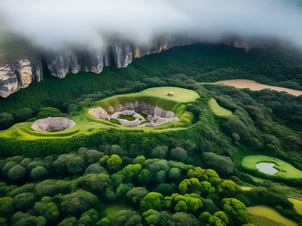 Explora la fascinante geología de Grutas del Palacio, Uruguay, en una vista aérea detallada de las cuevas subterráneas y formaciones rocosas