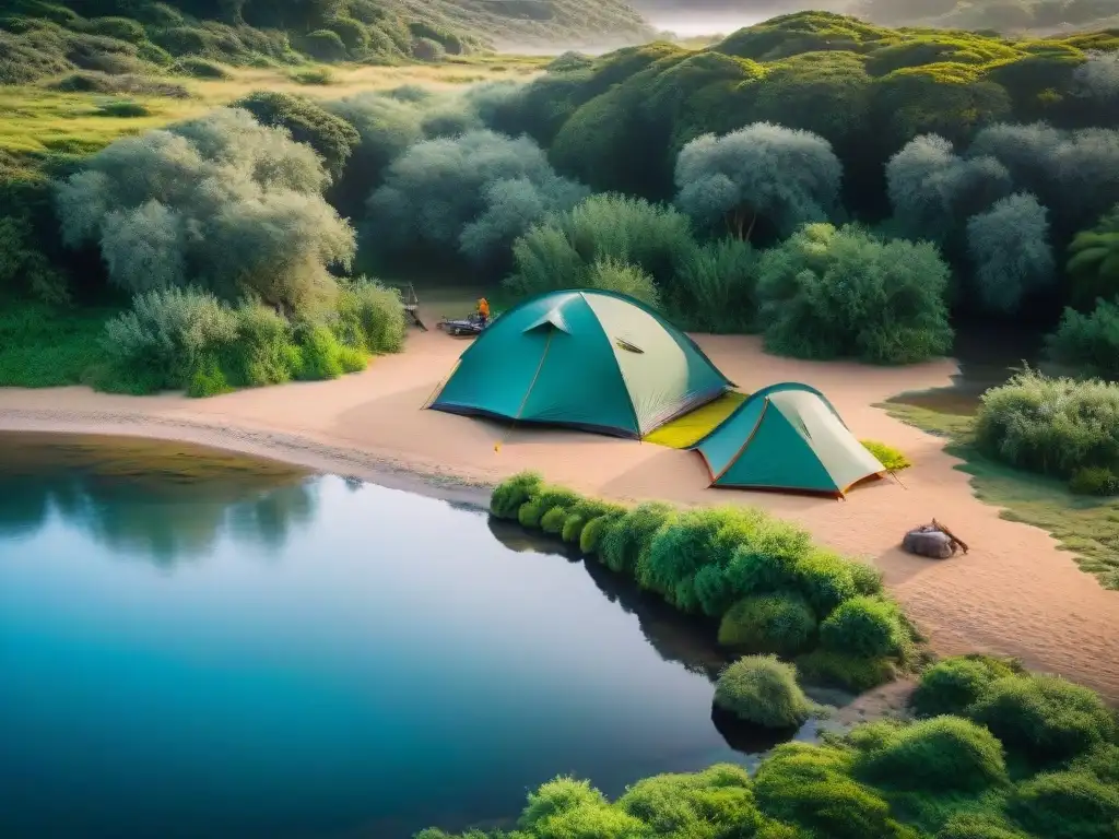 Fauna acuática en campamento Uruguay: escena serena junto al río, con peces coloridos y aves acuáticas