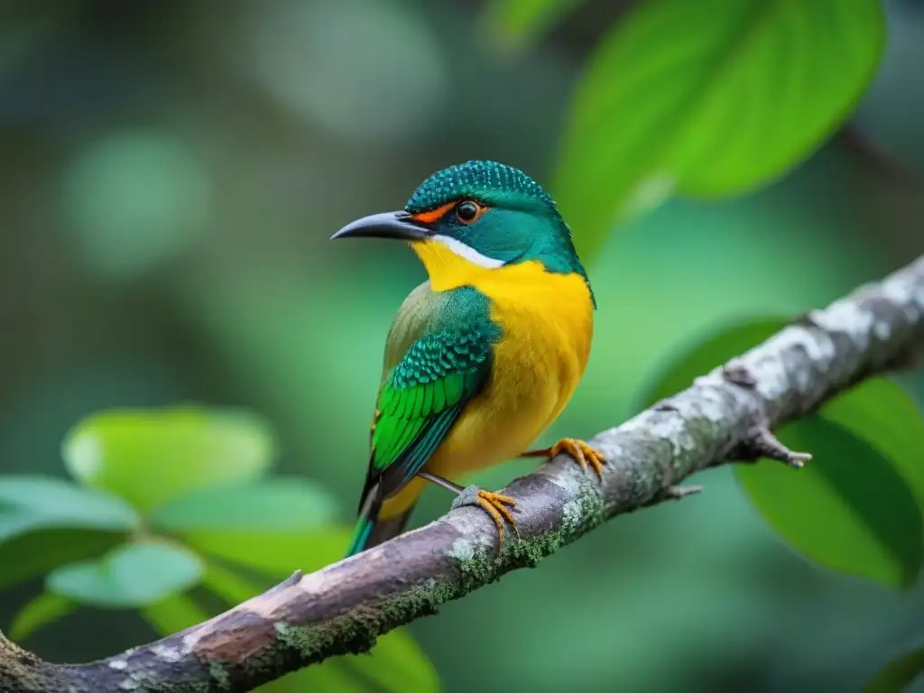 Fotografiar fauna uruguaya: Detalle de Tijereta posada en rama en selva uruguaya, plumaje verde y amarillo vibrante