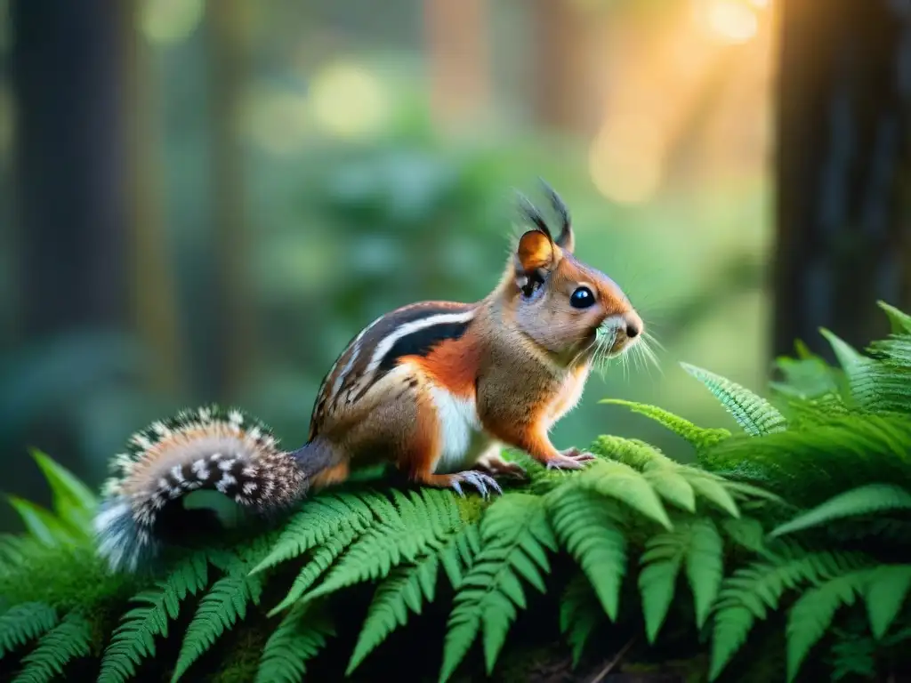 Fauna autóctona uruguaya protegerla: Detalles majestuosos de un Tawny TucoTuco entre helechos verdes en un bosque exuberante