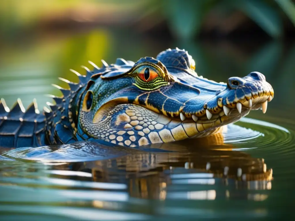 Fauna autóctona uruguaya protegerla: Yacaré Caiman deslizándose sigiloso en humedal sereno, con escamas brillantes y ojos sabios