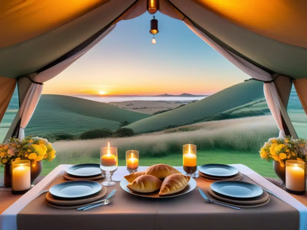 Un festín en un lujoso glamping en Uruguay con asado, empanadas y postres, decorado con flores locales al atardecer