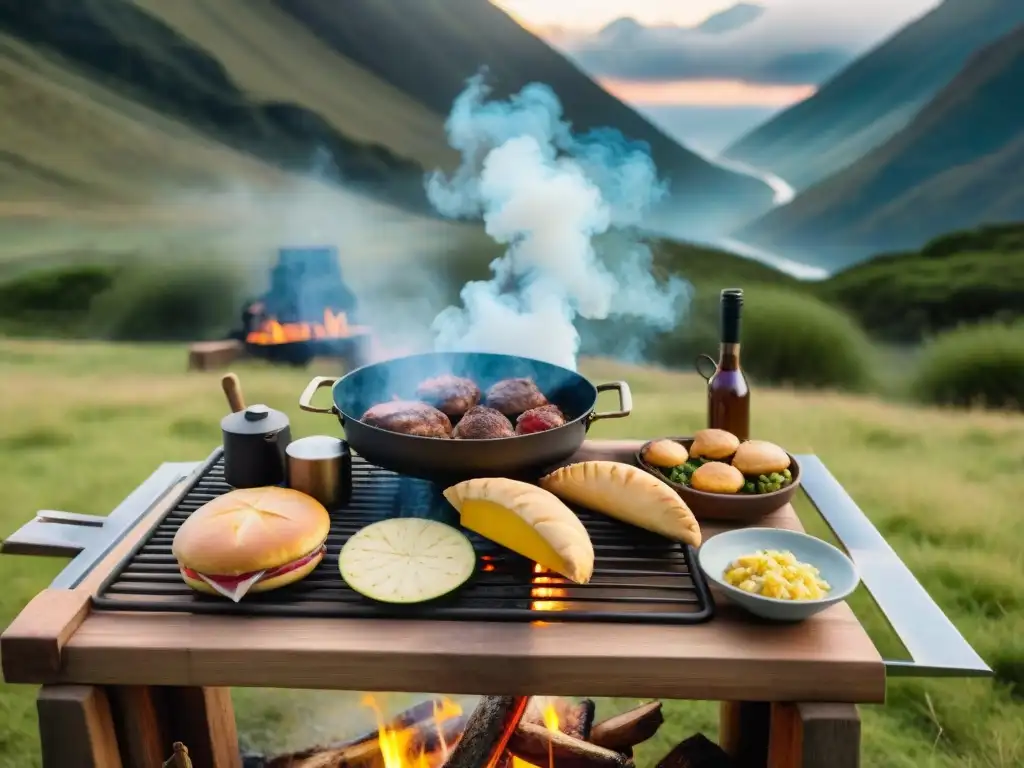 Un festín de platos típicos de Uruguay en un lujoso camping, con campistas felices alrededor de una parrilla humeante