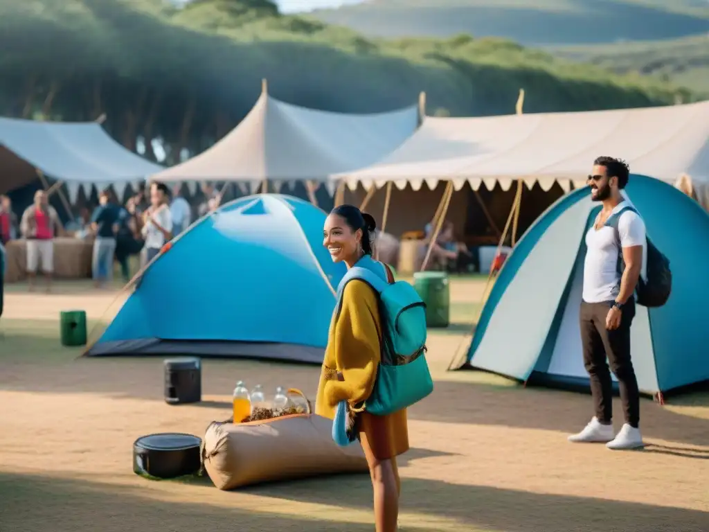 Festival ecológico en Uruguay: diversidad de asistentes disfrutando de actividades sostenibles en un campamento colorido y natural