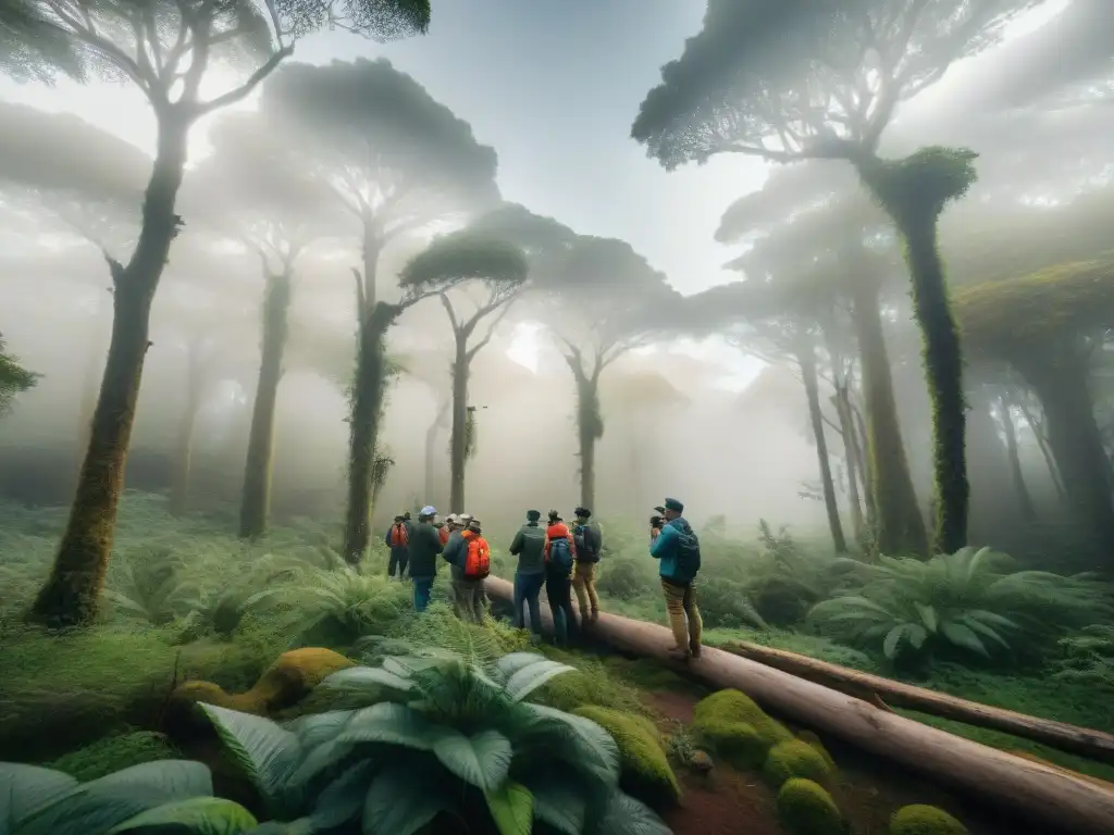 Festivales de aves observadores en Uruguay: grupo diverso de observadores de aves cautivados por un raro y colorido pájaro en un bosque exuberante