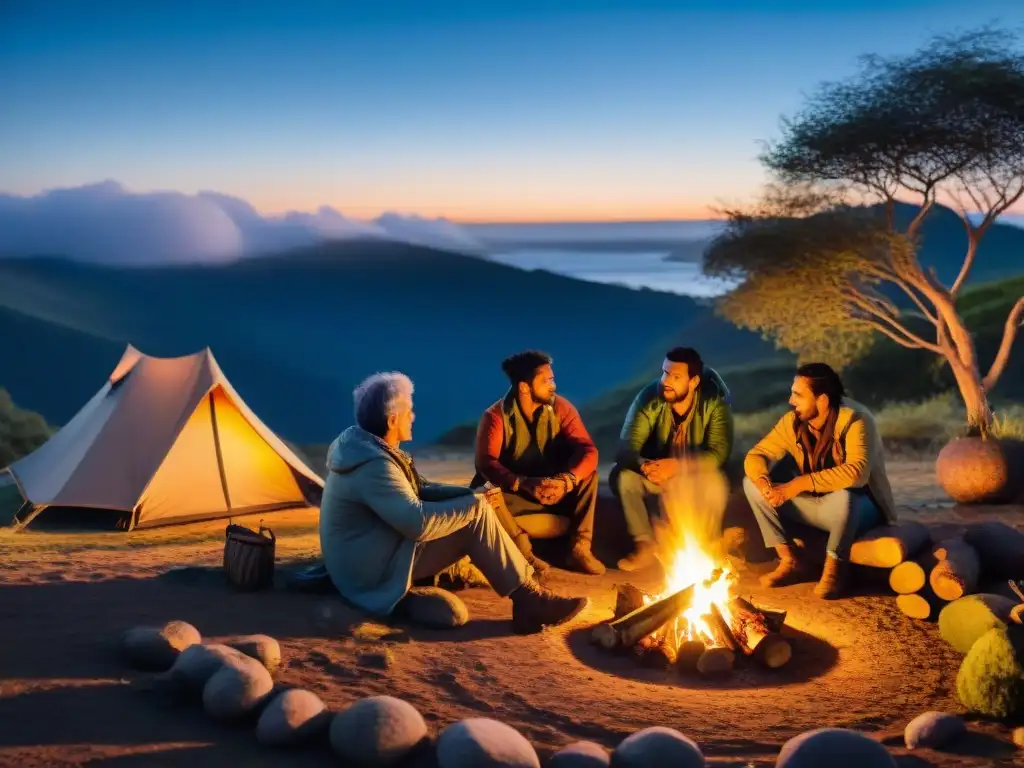 Festivales de narración en campings: Grupo diverso escucha cuentos alrededor de fogata en campamento uruguayo al atardecer