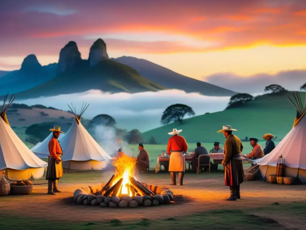 Fiesta Patria Gaucha: gauchos acampando al atardecer, preparando asado bajo el cielo naranja de Uruguay