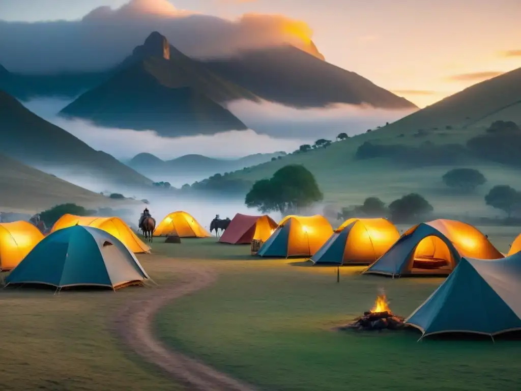 Guía acampar Fiesta Patria Gaucha: Escena detallada de campamento gaucho al atardecer, con fogatas, gauchos y mate