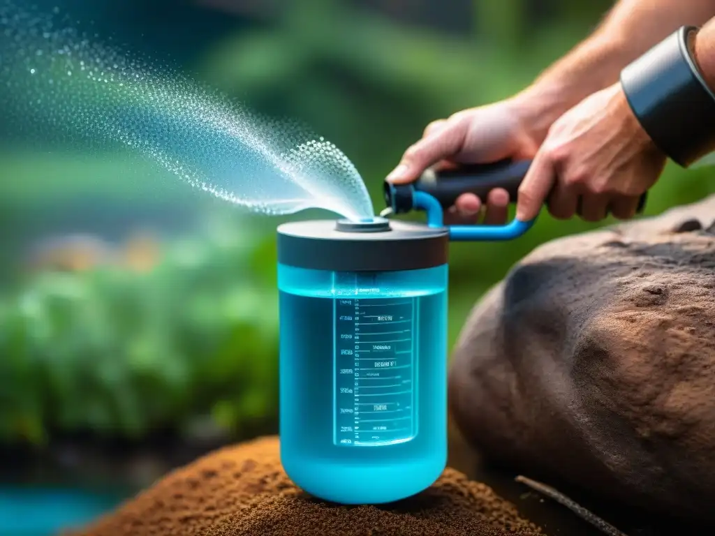 Filtración de agua para camping: Detalle de sistema hightech purificando agua, con gotas brillantes emergiendo al sol