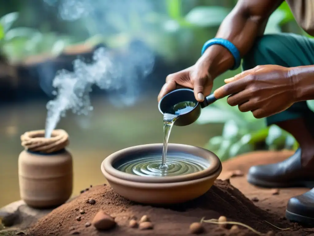 Un filtro de agua de cerámica siendo elaborado a mano en un entorno natural, destacando la importancia de la depuración de agua en camping