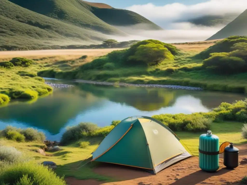 Filtro de agua portátil en camping en Uruguay, purificando agua de arroyo en paisaje natural