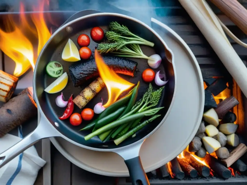 Una fogata al aire libre con sartén sobre brasas, especias vibrantes y verduras, perfectas para cocinar en camping