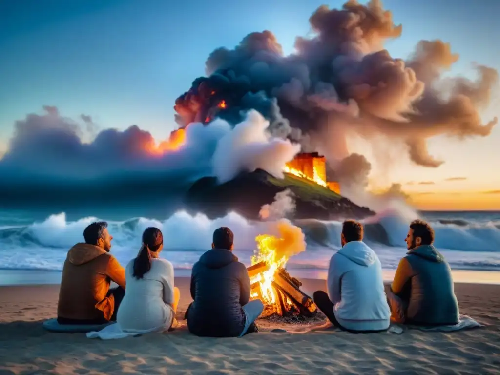 Una fogata comunitaria en la playa de Uruguay: personas escuchan relatos tradicionales alrededor del fuego, bajo un cielo estrellado