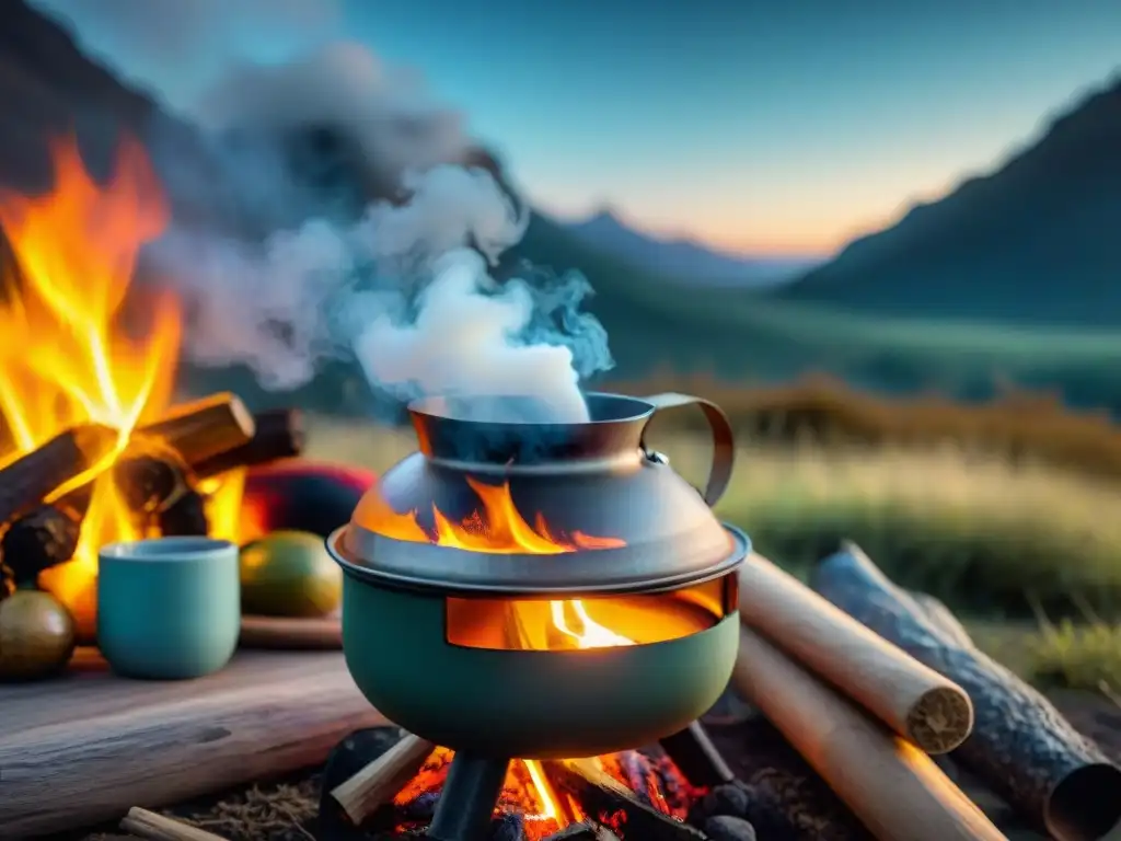 Un fogón iluminando el mate uruguayo en camping, rodeado de tazas rústicas y termos, creando una atmósfera acogedora