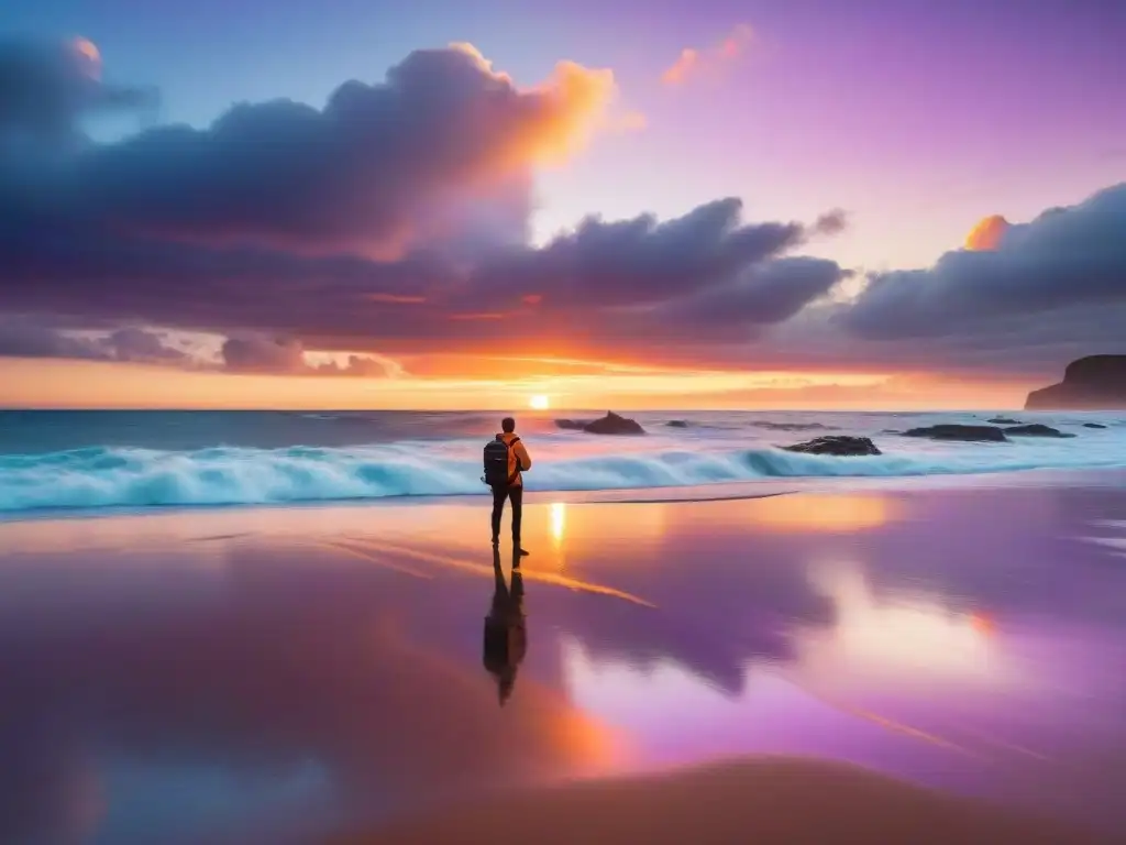 Un fotógrafo capturando la belleza de una playa en Uruguay al atardecer, con gaviotas y olas suaves