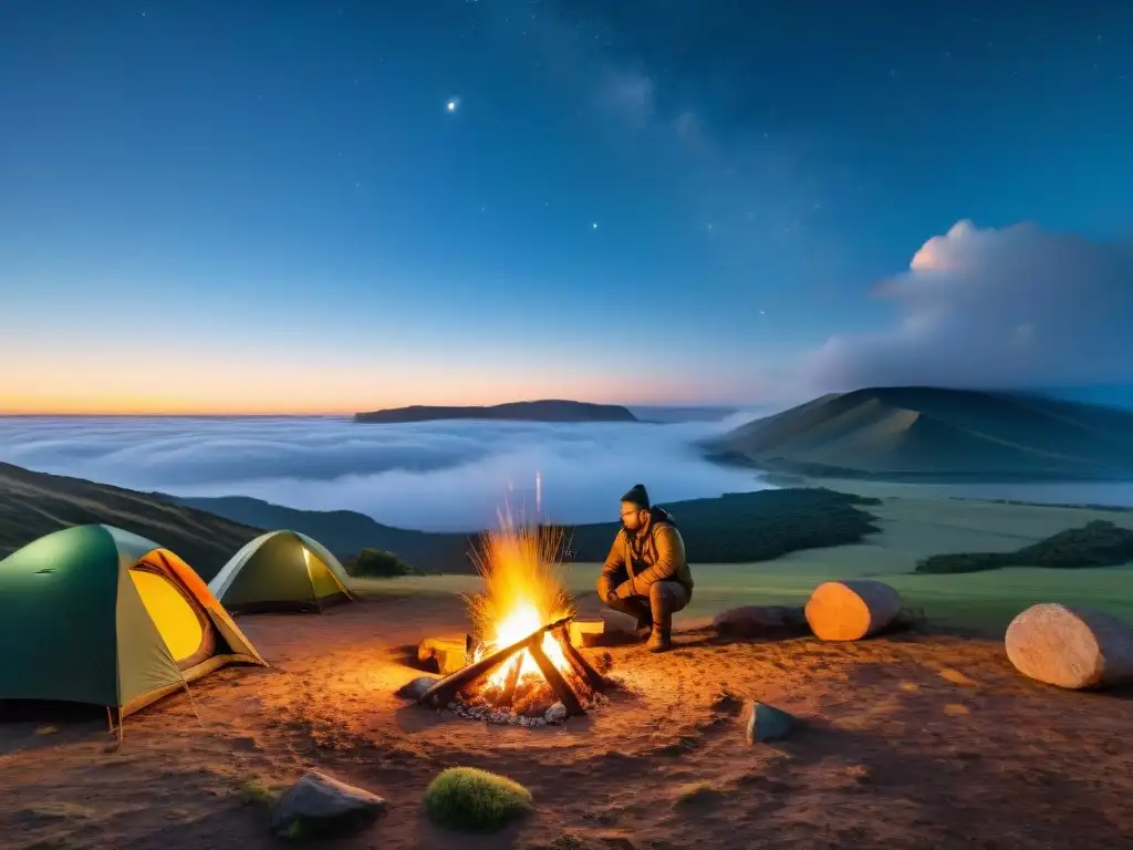 Un fotógrafo ajustando la cámara junto a la fogata en un camping uruguayo, capturando la belleza natural