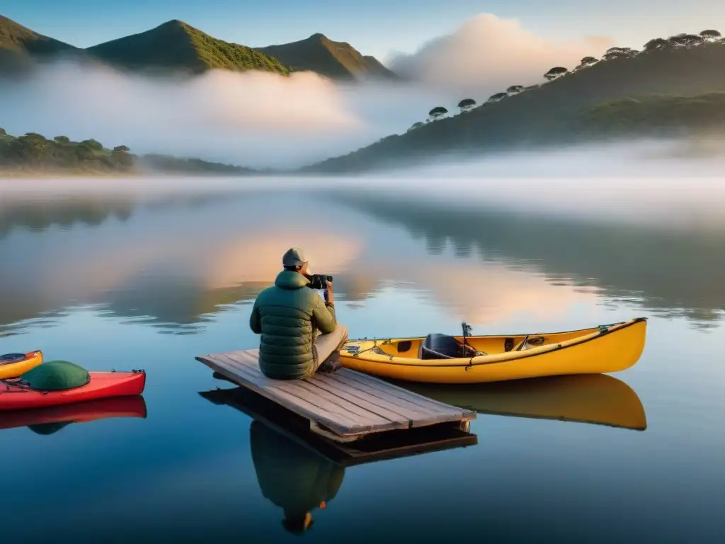 Fotógrafo preparando cámara al amanecer junto a un lago en Uruguay