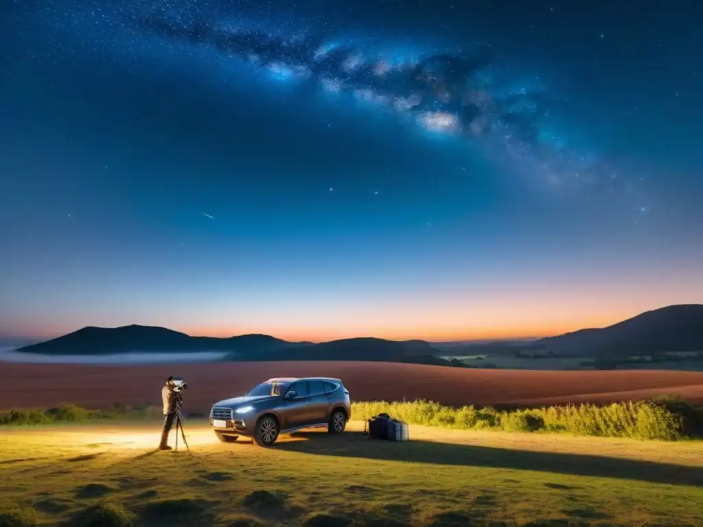 Fotógrafo preparando equipo para fotografía nocturna campo Uruguay