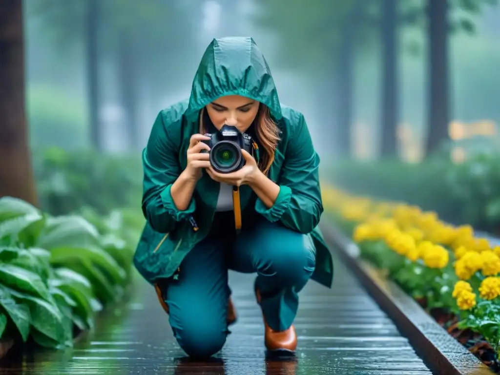 Fotógrafo ajustando cámara bajo la lluvia con cuidado