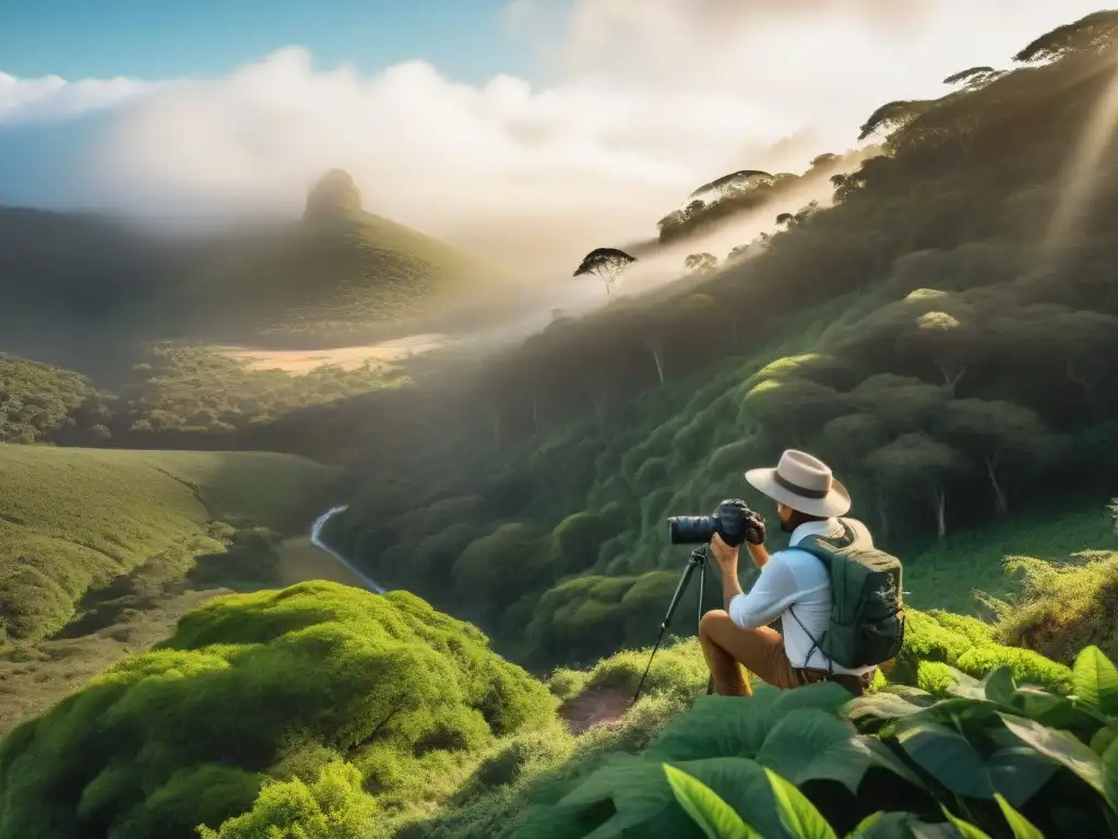 Un fotógrafo de naturaleza ajustando su cámara en un trípode en un frondoso bosque de Uruguay