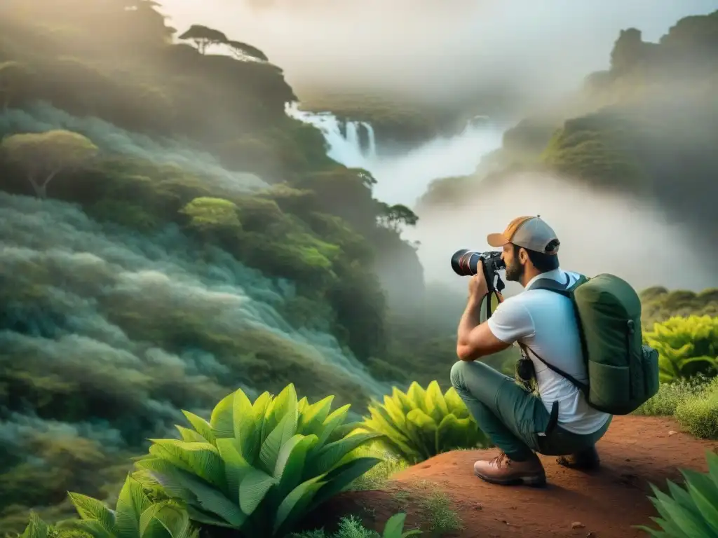 Un fotógrafo de naturaleza en Uruguay, enfocado y dedicado, espera capturar un ave rara en vuelo en un exuberante bosque