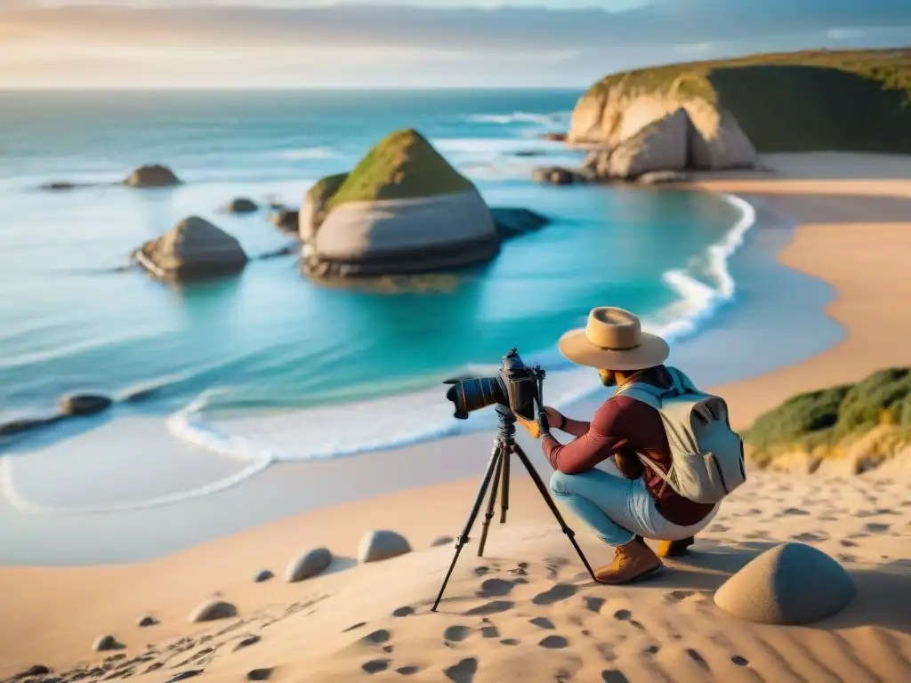 Fotógrafo en playa de Uruguay al atardecer, montando trípode junto a tienda de campaña, capturando la esencia de la naturaleza