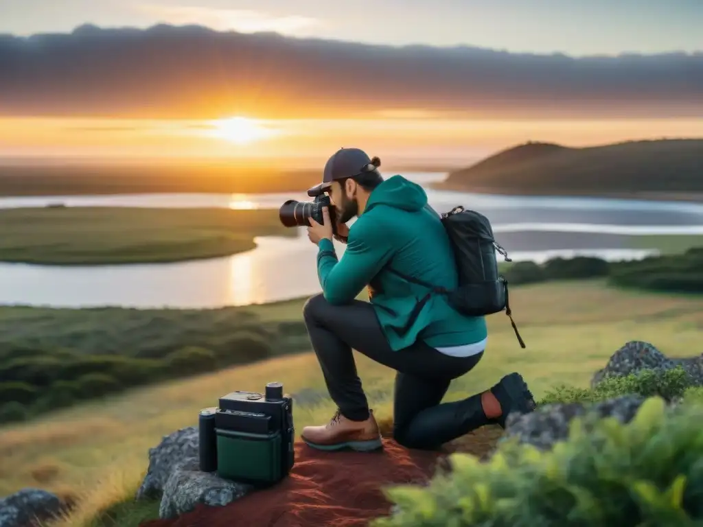 Un fotógrafo profesional captura un atardecer en Uruguay, demostrando la importancia de las baterías en largas jornadas de fotografía en la naturaleza