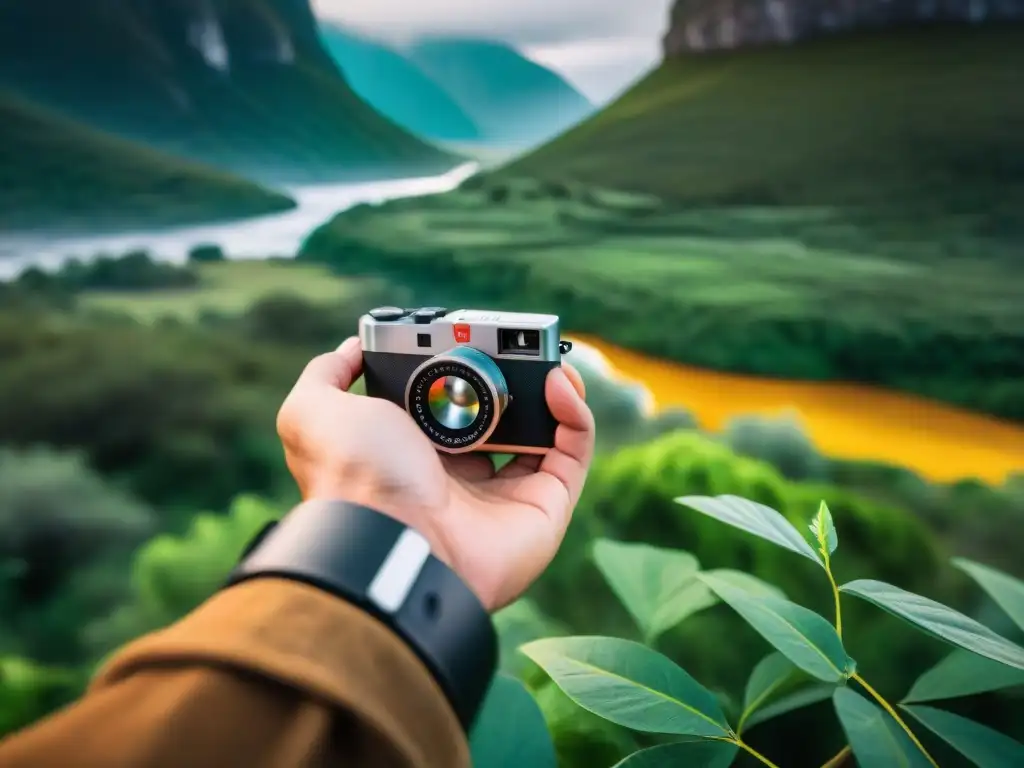 Un fotógrafo profesional cambiando la batería de la cámara en la exuberante naturaleza uruguaya