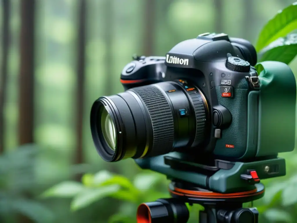 Un fotógrafo profesional protege su cámara de la lluvia en un bosque lluvioso, siguiendo consejos para proteger cámara fotográfica lluvia